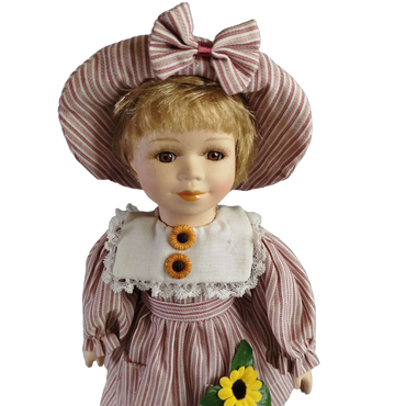 Vintage Porzellanpuppe 43 cm mit Standfuß, Sonnenblumen-Kleid