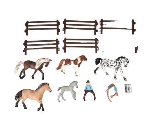 Schleich Tiere Bundle Pferde & Reiter, großes Set Zaun & Sattel