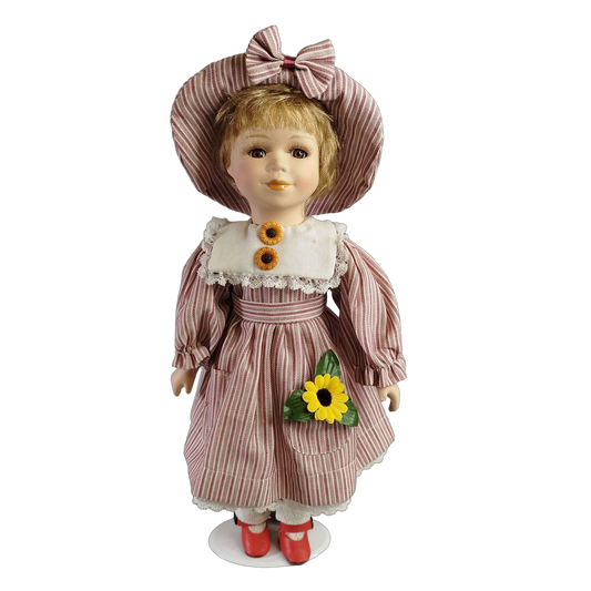 Vintage Porzellanpuppe 43 cm mit Standfuß, Sonnenblumen-Kleid