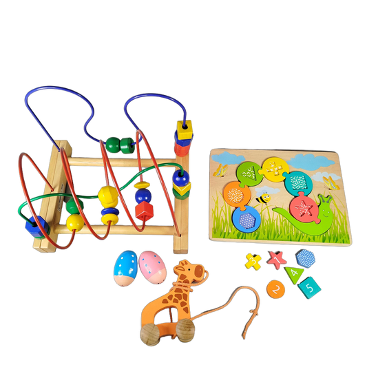 Bundle Holzspielzeug Set von 5 Motorikschleife Zahlenpuzzle & Ziehtier