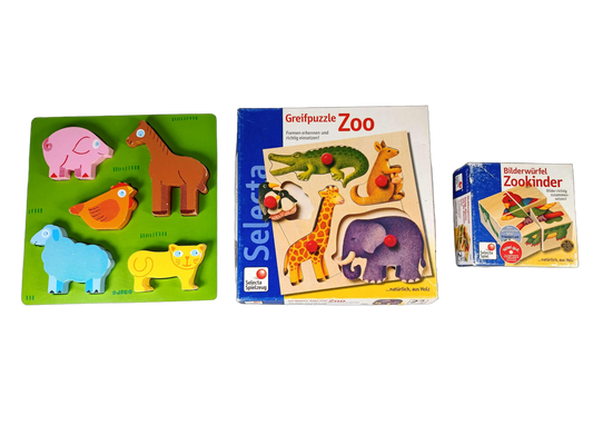 Selecta Spiel Bundle Zoo 2051 Set von 3 Holzpuzzle & Bilderwürfel