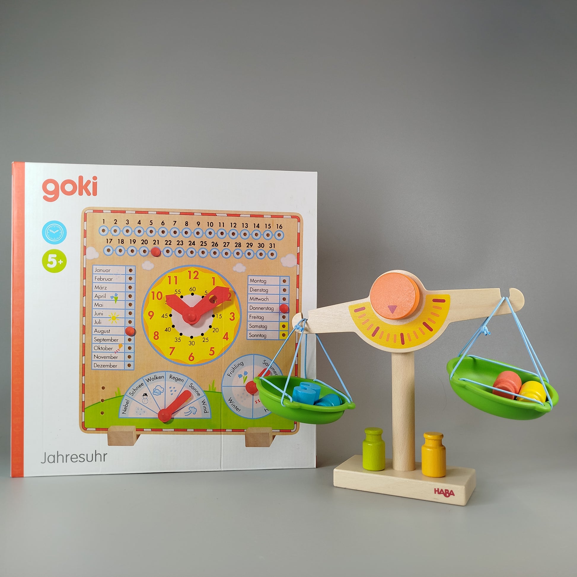 Lernuhr mit Waage - Set aus Holz