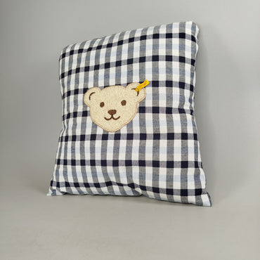 Steiff Kissen – blau kariert mit Teddybär-Stickerei