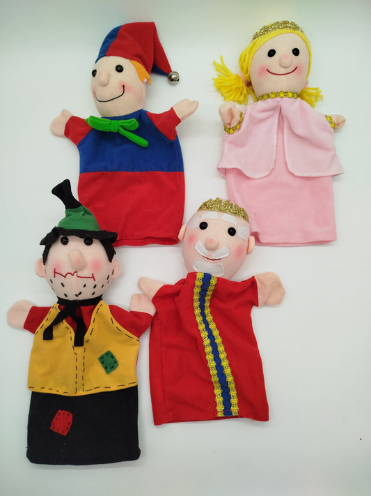 Handpuppen-Set von 4 Charakteren – Narr, Prinzessin, Schurke, König