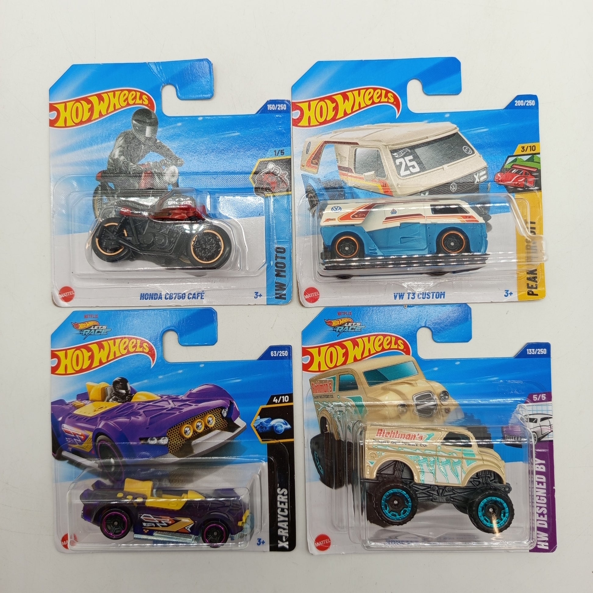 Hot Wheels Fahrzeuge Set von 4 – Honda CB750, VW T3, X-Ray Racer, OVP, neu