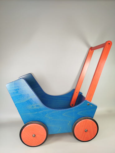 HABA Vintage Puppenwagen blau mit roten Rädern – stabiles Holzspielzeug