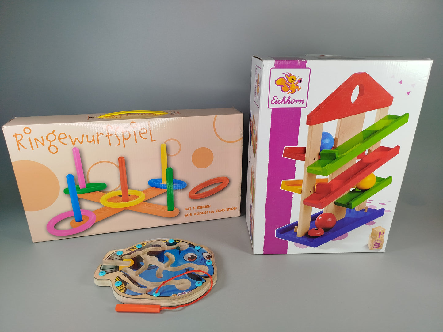 Motorikspiel-Bundle - Ringewurfspiel & Eichhorn Kugelbahn, Magnetspiel