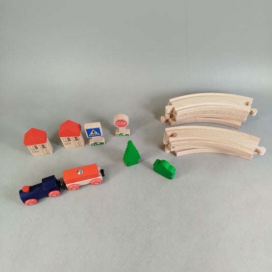Holzeisenbahn Zugset mit 8 Kurven & Zubehör