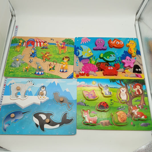 Kinder Holzpuzzle Set von 4 – mit Griffknöpfen & Tiermotiven