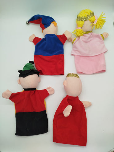 Handpuppen-Set von 4 Charakteren – Narr, Prinzessin, Schurke, König