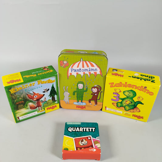 HABA, Noris Spiele- und Kartenset-Bundle: Pantomime, Zahlen-Dino, Quartett un