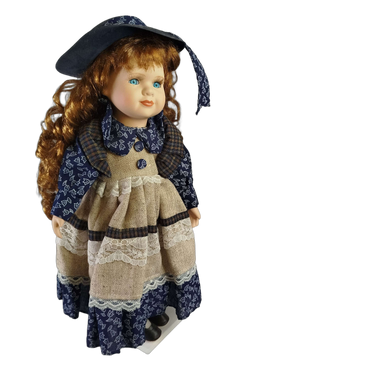 Porzellanpuppe Landhauskleid mit Hut & Ständer, 40 cm