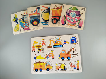 Holzpuzzle Set – Fahrzeuge & Baustelle, Lernspiel