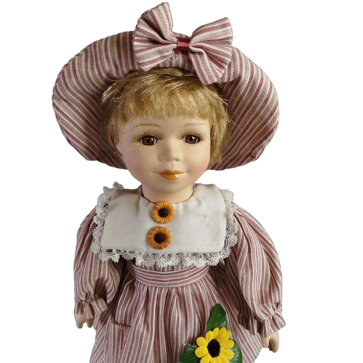 Vintage Porzellanpuppe 43 cm mit Standfuß, Sonnenblumen-Kleid