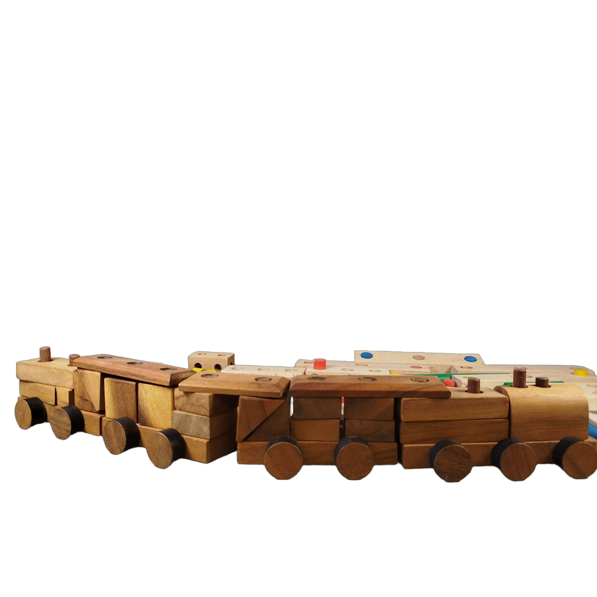 Bundle Holz großes Set Bausteine, Verbinder & Stifte mit Holzzug