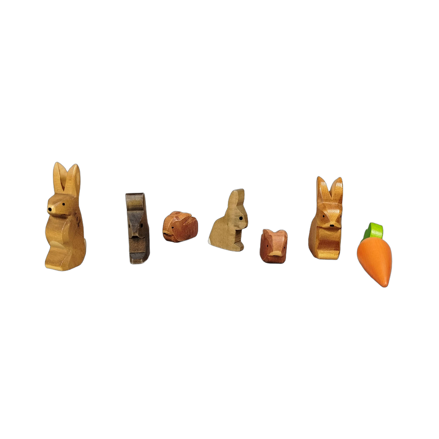Ostheimer Bundle Set von 7 Hasen & Karotte Holzfiguren