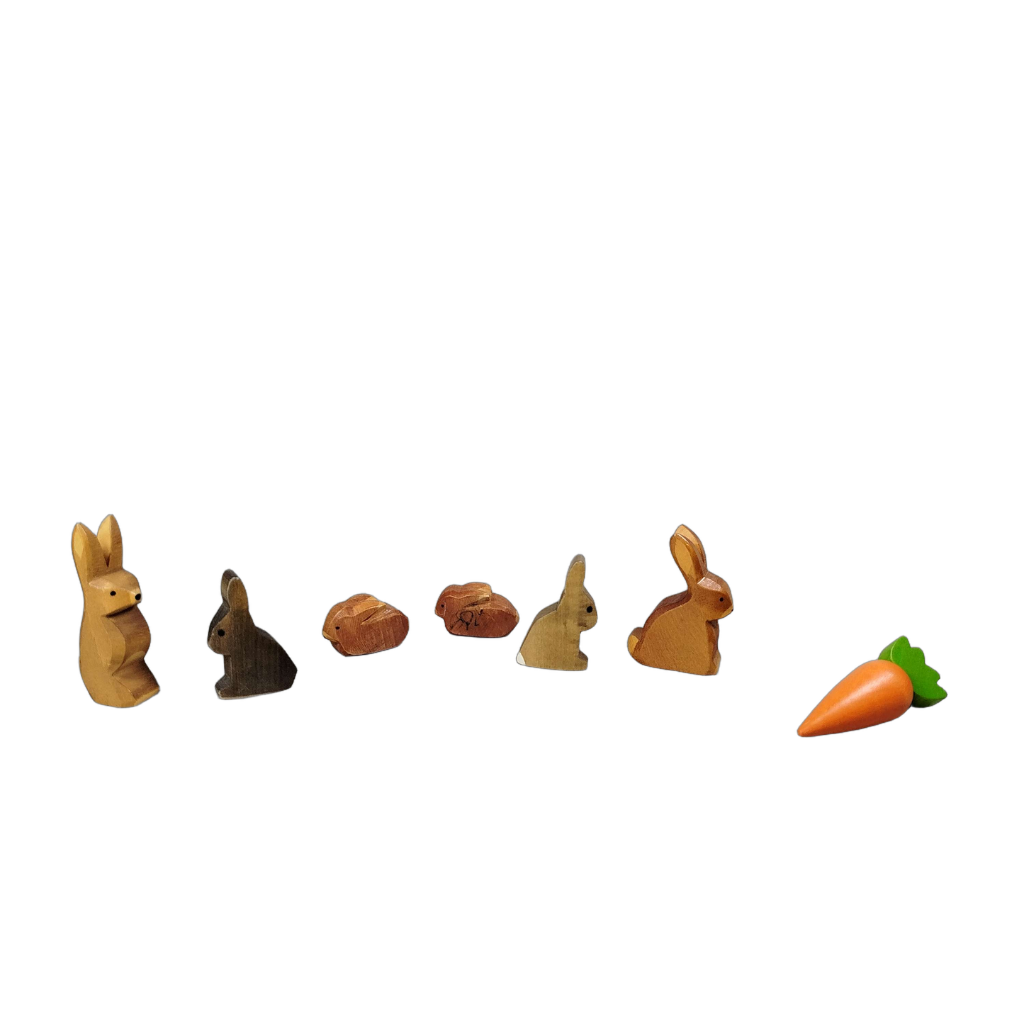 Ostheimer Bundle Set von 7 Hasen & Karotte Holzfiguren