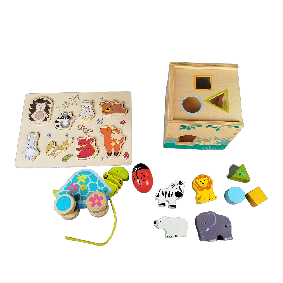 Bundle Holz Motorik Set Steckpuzzle, Formenwürfel & Nachziehtier