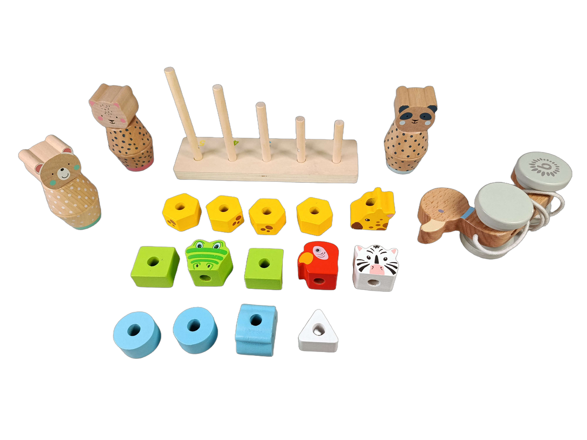 Bundle Holzspielzeug Set von 16 Steck- & Stapeltiere & Holz-Ente