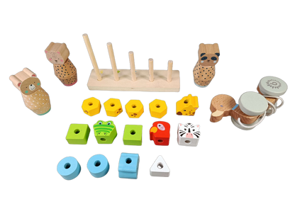 Bundle Holzspielzeug Set von 16 Steck- & Stapeltiere & Holz-Ente