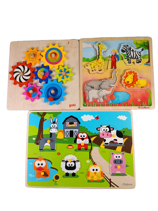 Bundle Safari, Bauernhof & Zahnräder Set von 3 Holzpuzzle