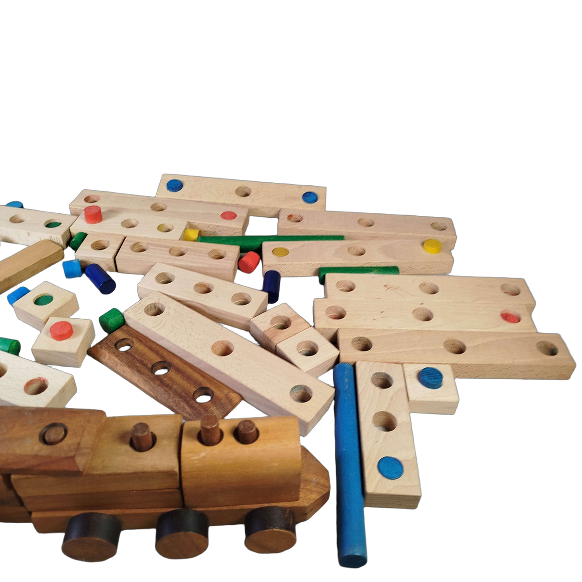 Bundle Holz großes Set Bausteine, Verbinder & Stifte mit Holzzug