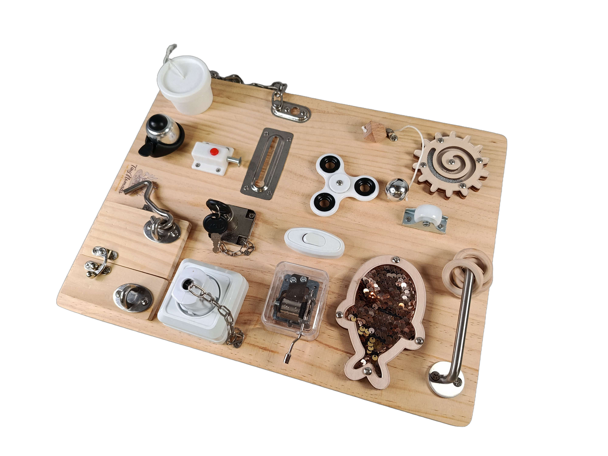 Tiny Nomads Montessori Motorikbrett aus Holz mit Musikdose & Schaltern
