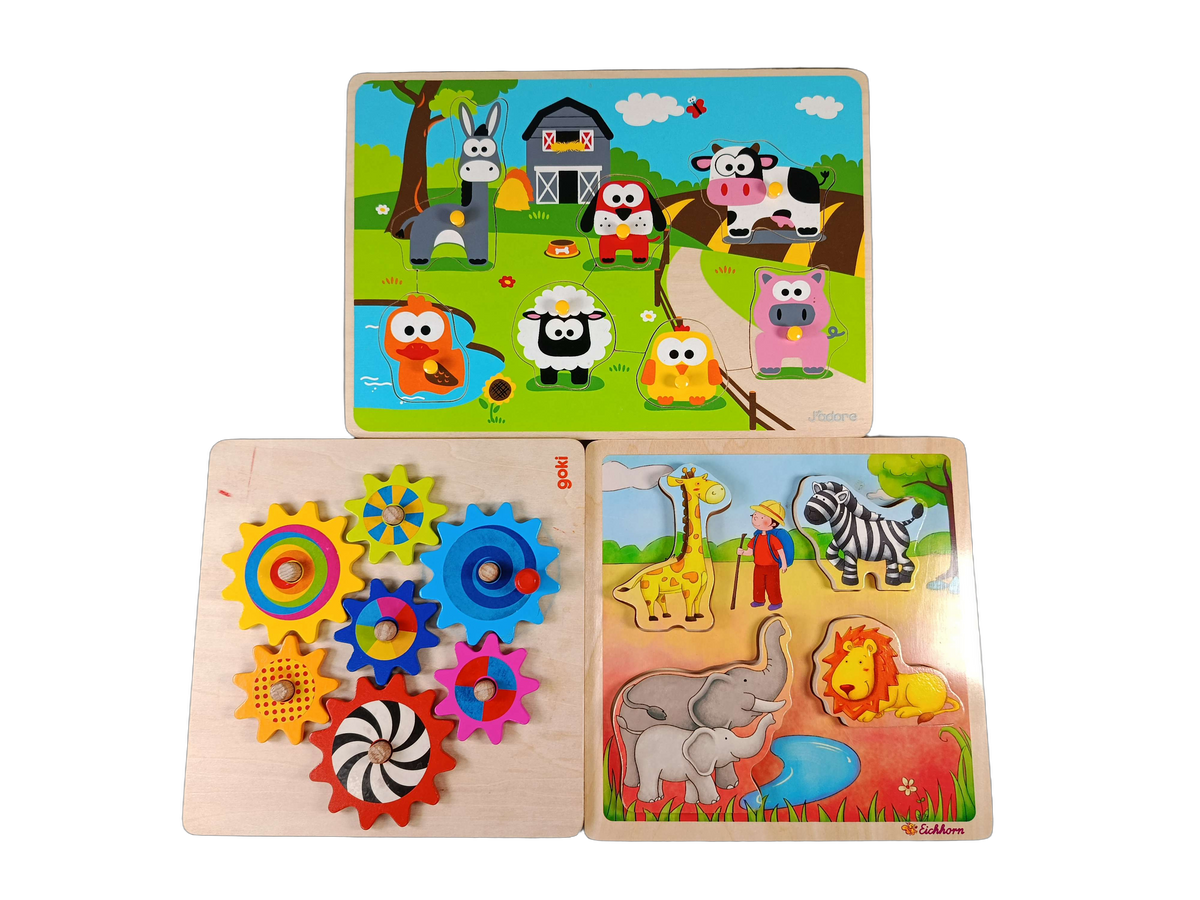 Bundle Safari, Bauernhof & Zahnräder Set von 3 Holzpuzzle
