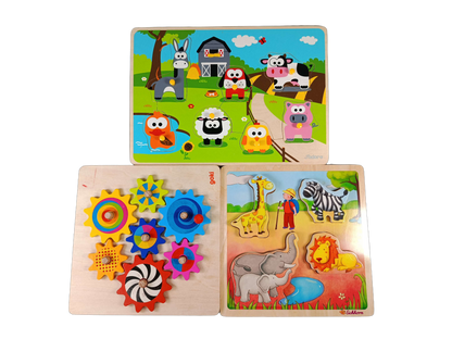 Bundle Safari, Bauernhof & Zahnräder Set von 3 Holzpuzzle