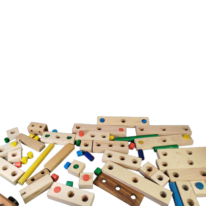 Bundle Holz großes Set Bausteine, Verbinder & Stifte mit Holzzug