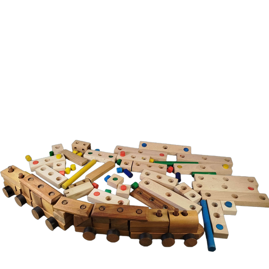 Bundle Holz großes Set Bausteine, Verbinder & Stifte mit Holzzug