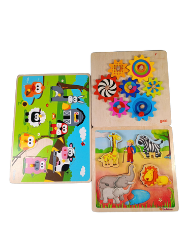 Bundle Safari, Bauernhof & Zahnräder Set von 3 Holzpuzzle