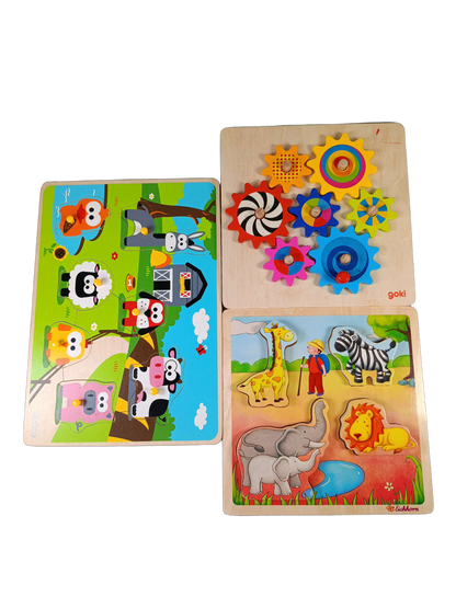 Bundle Safari, Bauernhof & Zahnräder Set von 3 Holzpuzzle