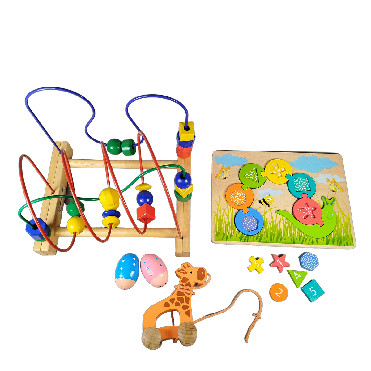 Bundle Holzspielzeug Set von 5 Motorikschleife Zahlenpuzzle & Ziehtier