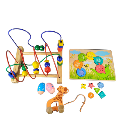 Bundle Holzspielzeug Set von 5 Motorikschleife Zahlenpuzzle & Ziehtier