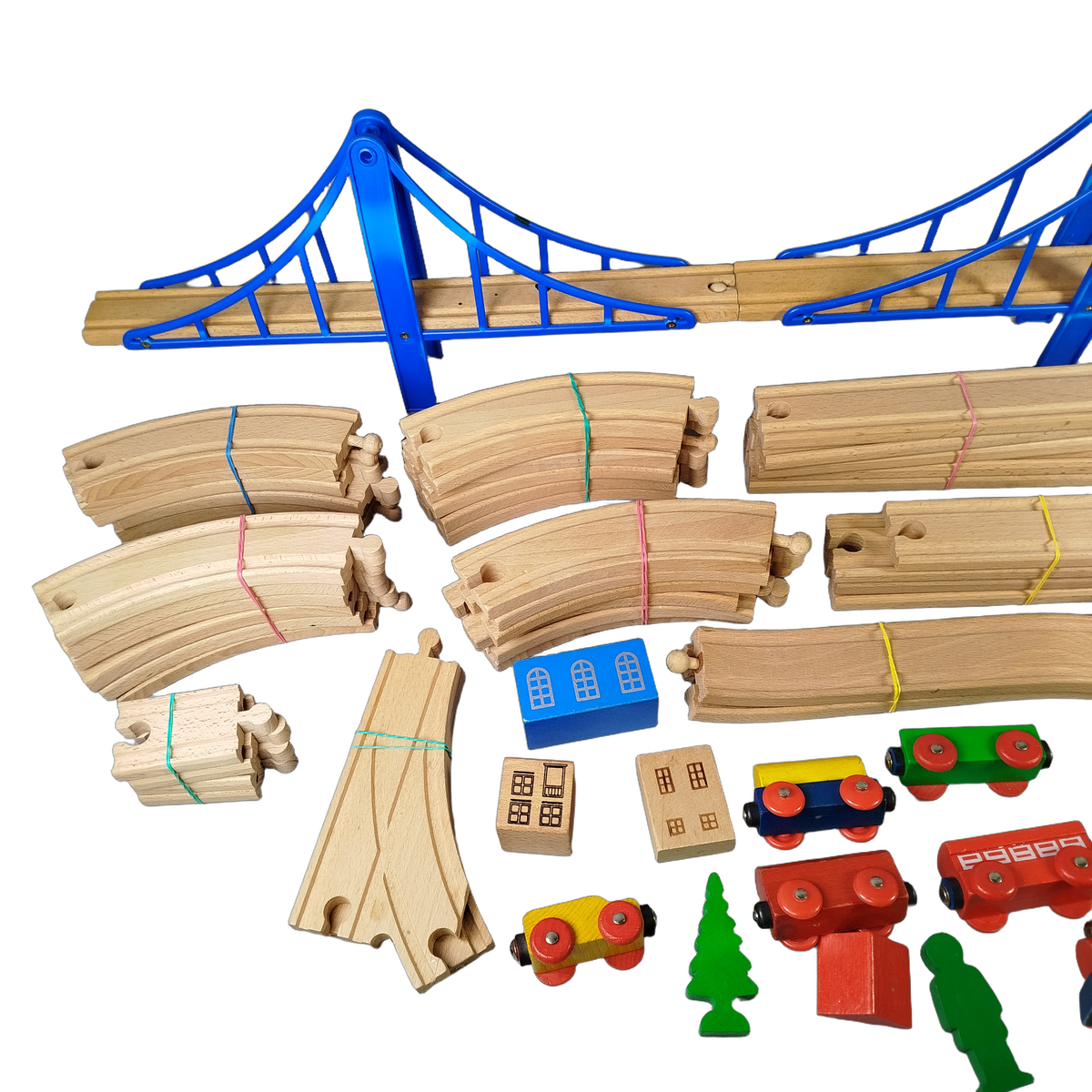 Holzeisenbahn Straßen & Schienen Deluxe Set mit Hängebrücken & Zubehör