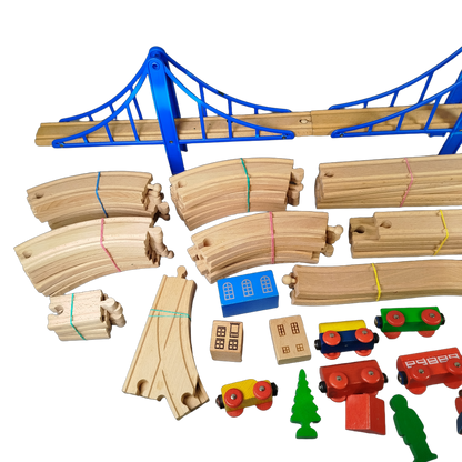 Holzeisenbahn Straßen & Schienen Deluxe Set mit Hängebrücken & Zubehör