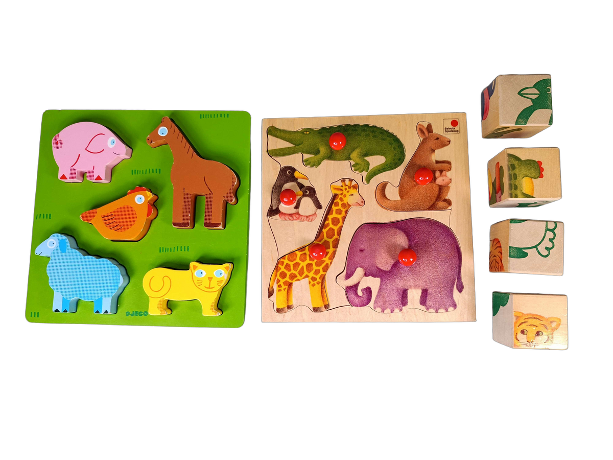Selecta Spiel Bundle Zoo 2051 Set von 3 Holzpuzzle & Bilderwürfel