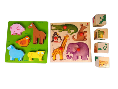 Selecta Spiel Bundle Zoo 2051 Set von 3 Holzpuzzle & Bilderwürfel