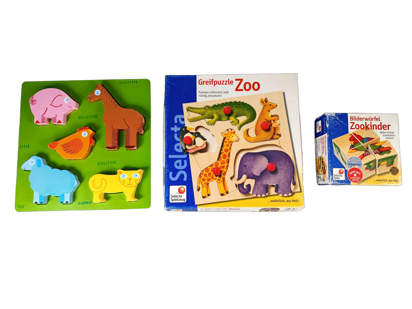 Selecta Spiel Bundle Zoo 2051 Set von 3 Holzpuzzle & Bilderwürfel