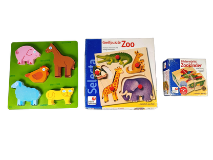 Selecta Spiel Bundle Zoo 2051 Set von 3 Holzpuzzle & Bilderwürfel
