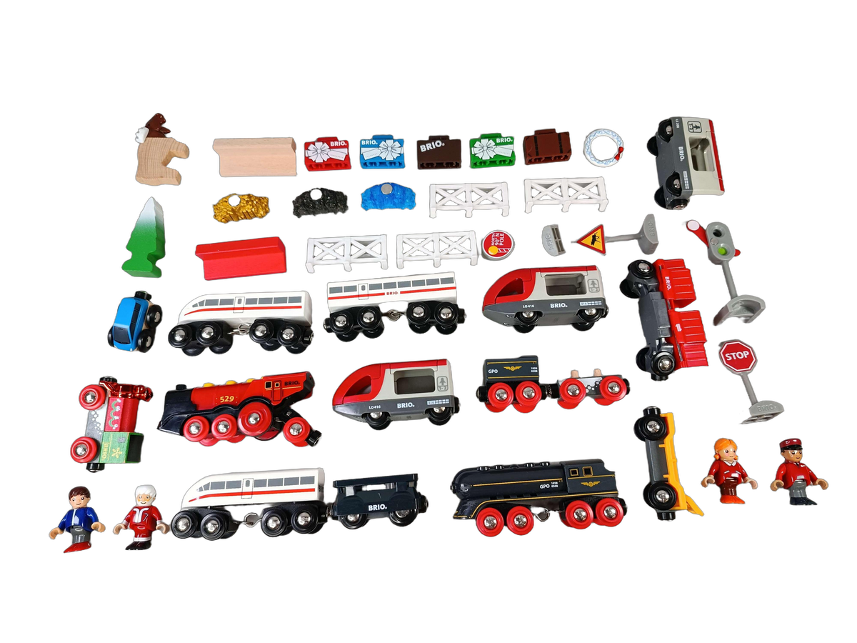 BRIO Bundle Eisenbahn T Rex Bahnübergang, großes Set Lok & Wagen