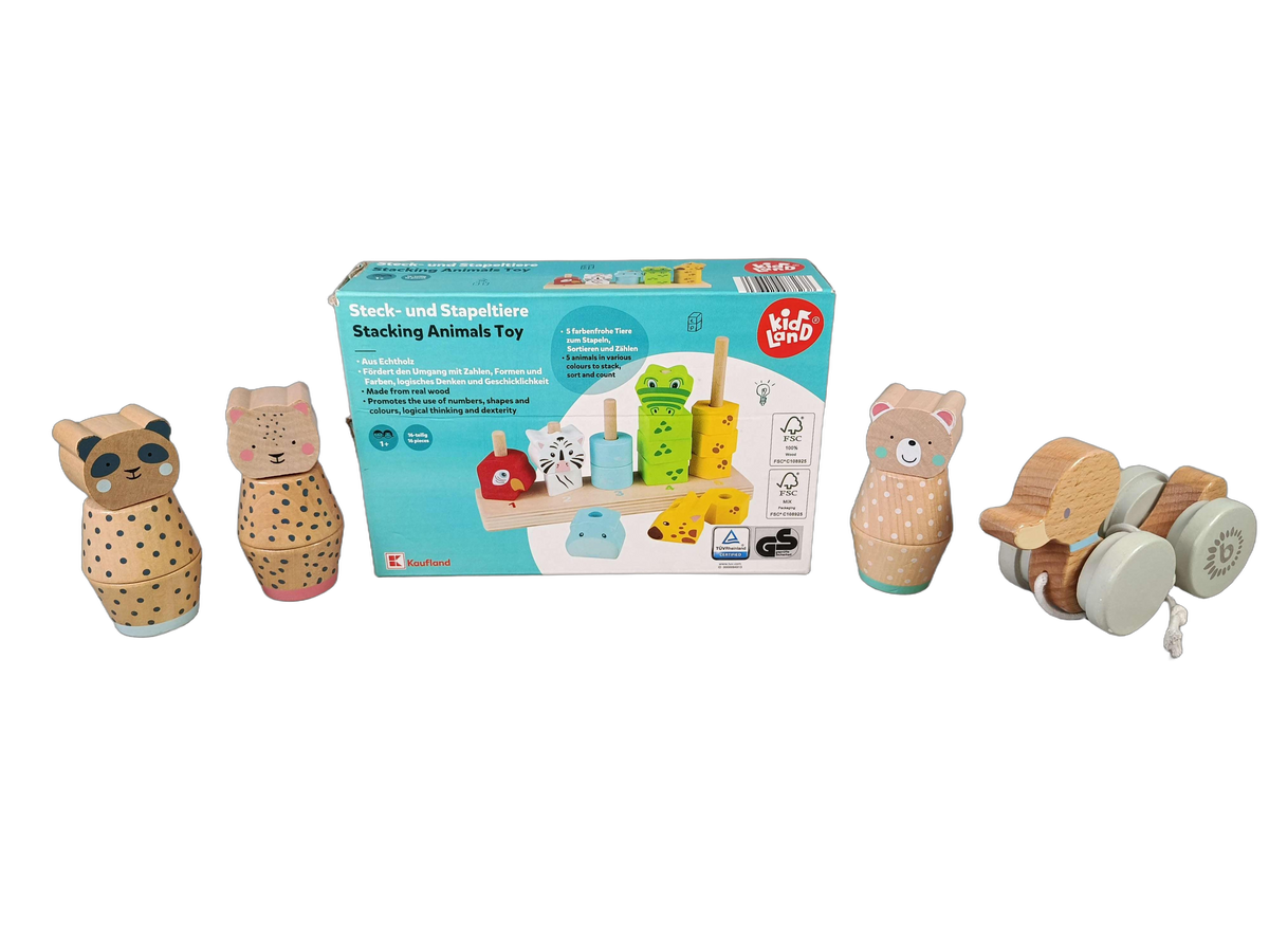 Bundle Holzspielzeug Set von 16 Steck- & Stapeltiere & Holz-Ente