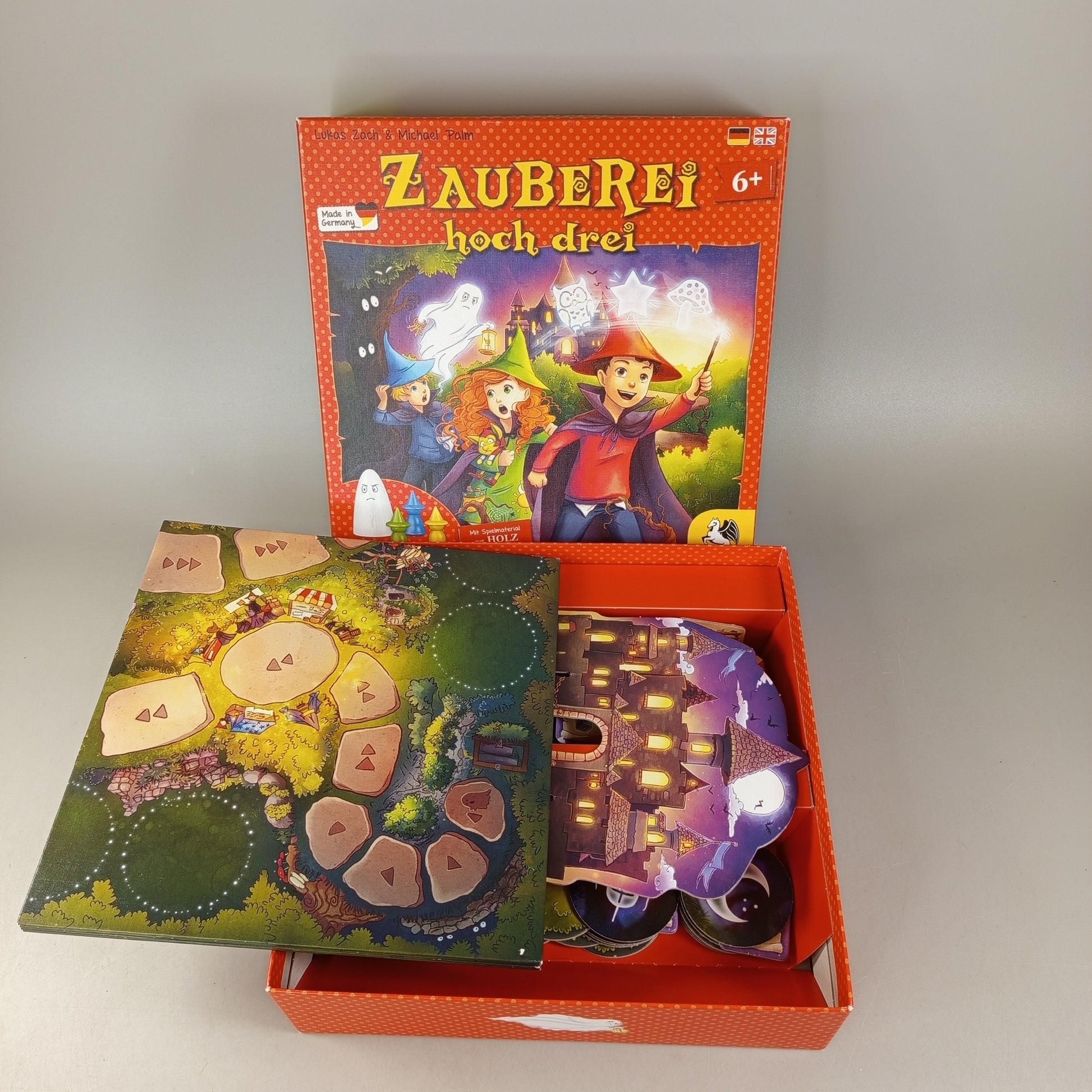 Pegasus Spiele Zauberei hoch drei Brettspiel, gebraucht, ab 6 Jahre 