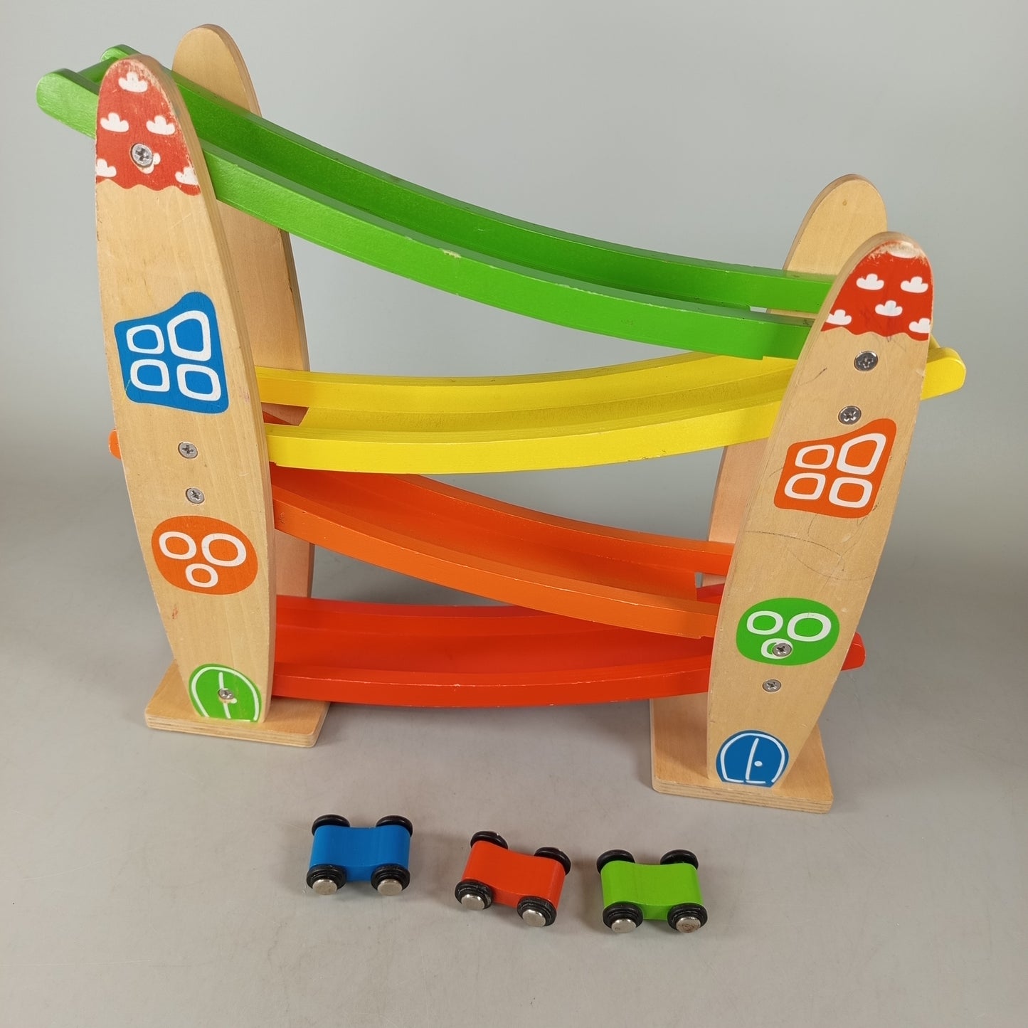 Holz Rollbahn Autorennbahn mit 3 Autos Motorikspielzeug