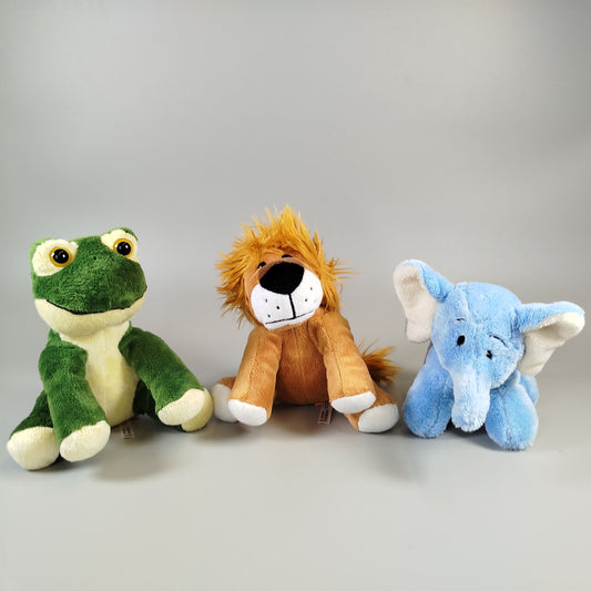  Stofftiere - Frosch, Elefant und Löwe - Set of 3