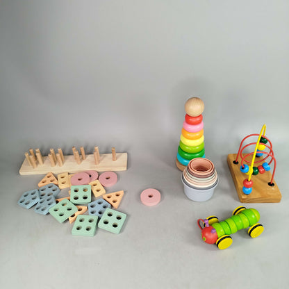 Bundle Set von 5 Holzspielzeug Nimmersatt, Stapelturm & Kugelbahn