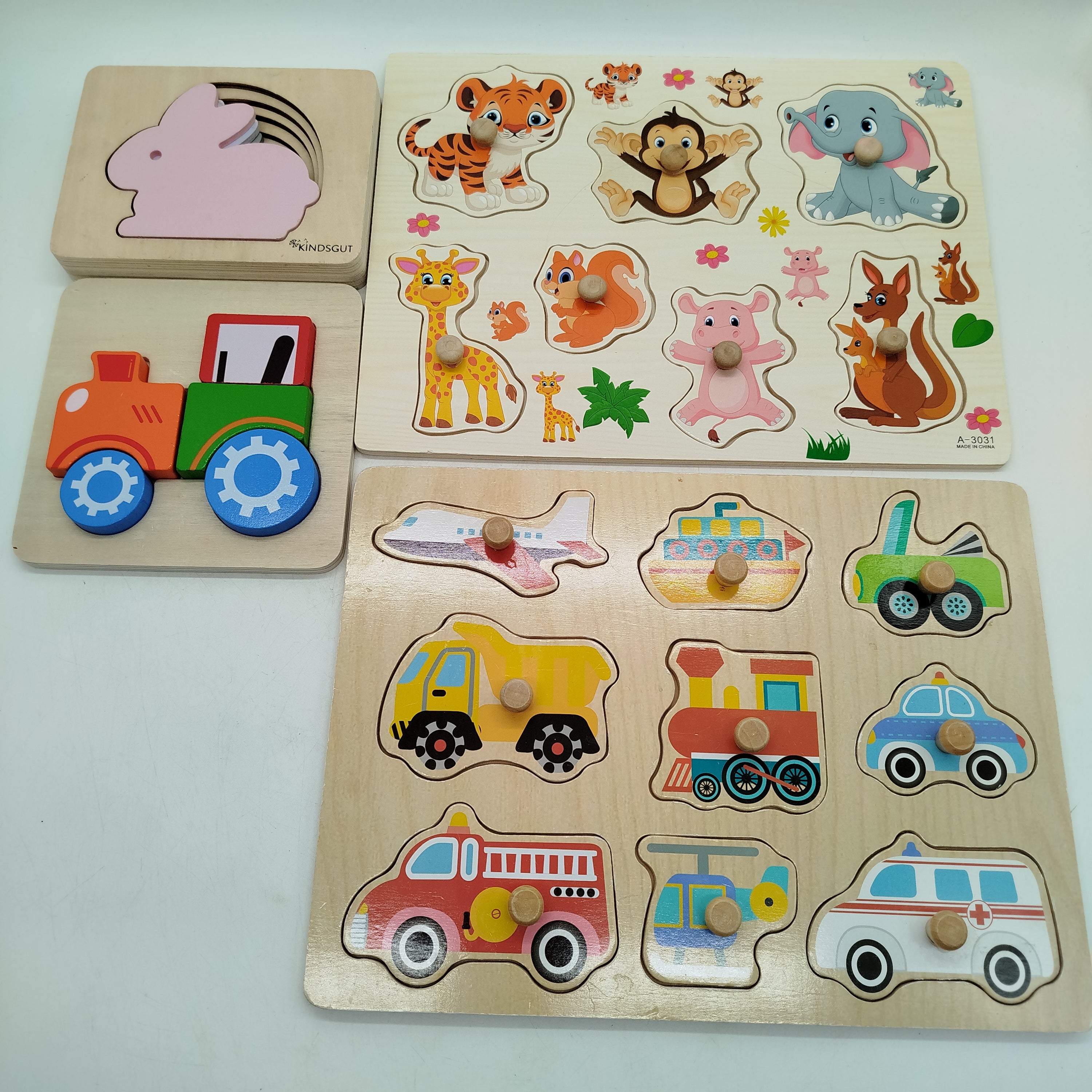 KINDSGUT Bundle Tier&Fahrzeug Set von 4 A 3031 Puzzle, ab 1 Jahre 