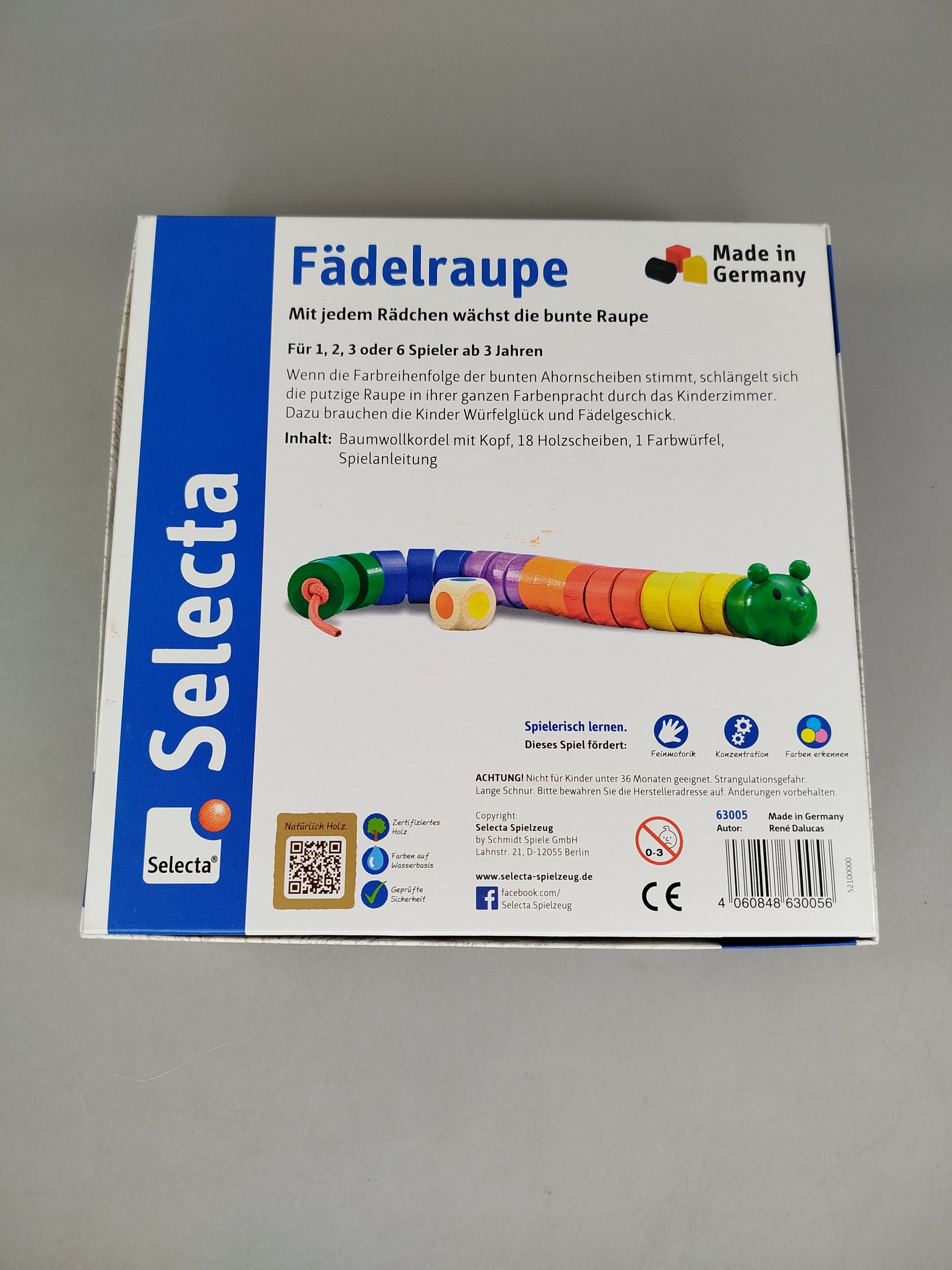 Selecta Fädelspiel – Fädelraupe mit Farbwürfel, OVP