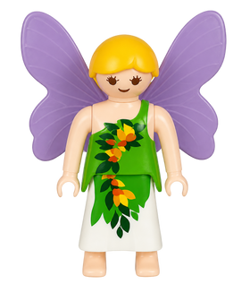 Fee mit lila Flügeln und Blütenkleid